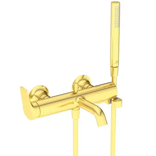 Wandmontierte Badarmatur in Gold mit separater Handbrause und Griffen, hergestellt von Ideal Standard. Design für Badezimmeranwendungen.